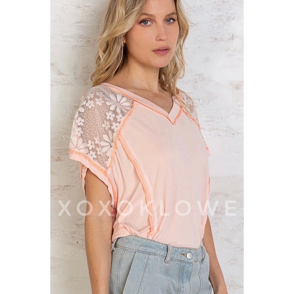 POL Pink Peach Rayon Jersey + Floral Lace Short Sleeve Top Oversized - Picture 10 of 16